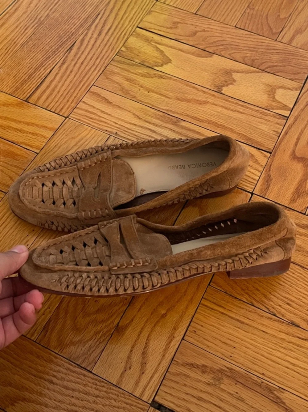 Veronica Beard Soft Suede Woven Penny Loafer in Hazel